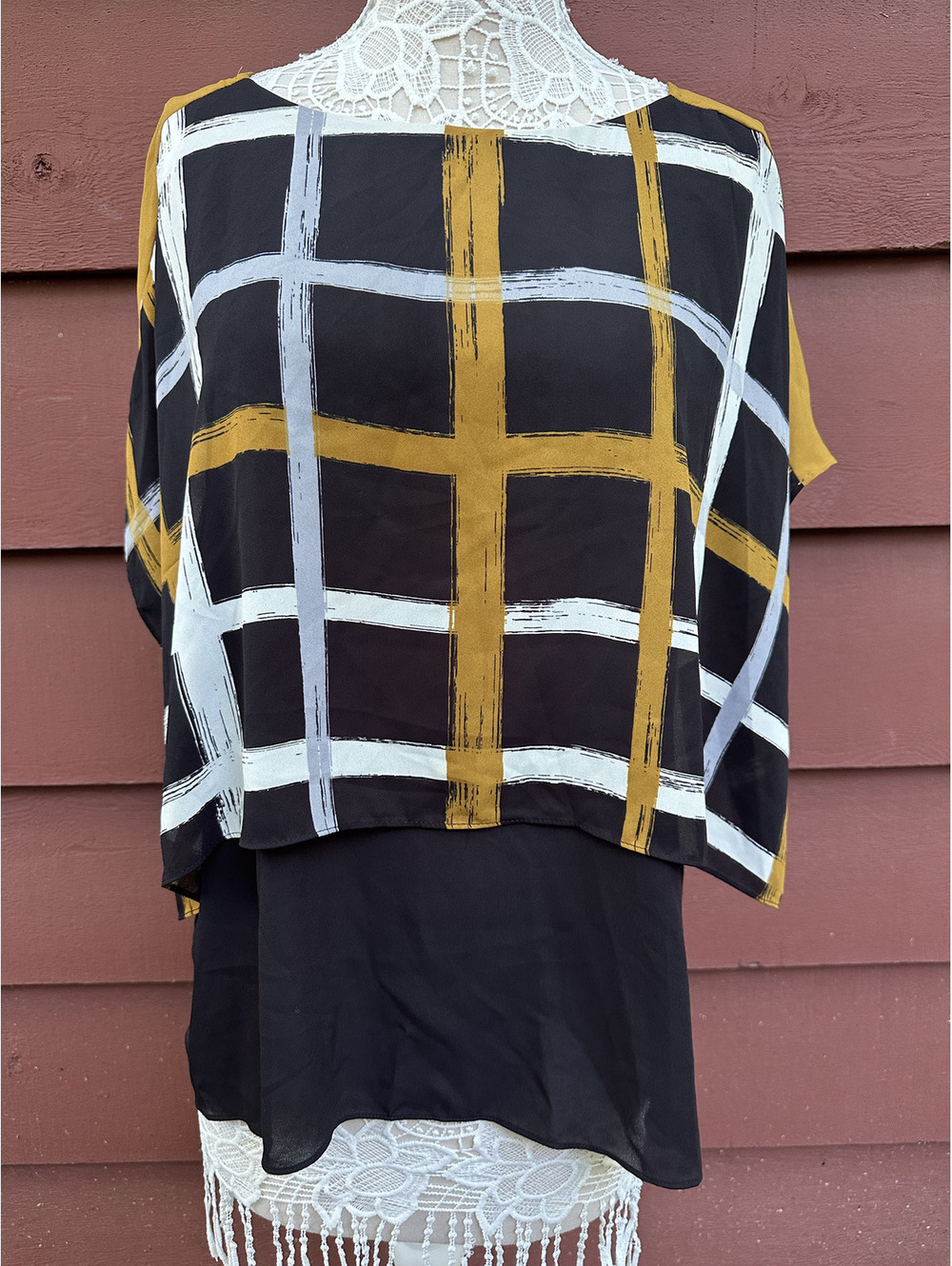 Alfani Brush Stroke Plaid‎ Kimono Sleeve Layered Blouse